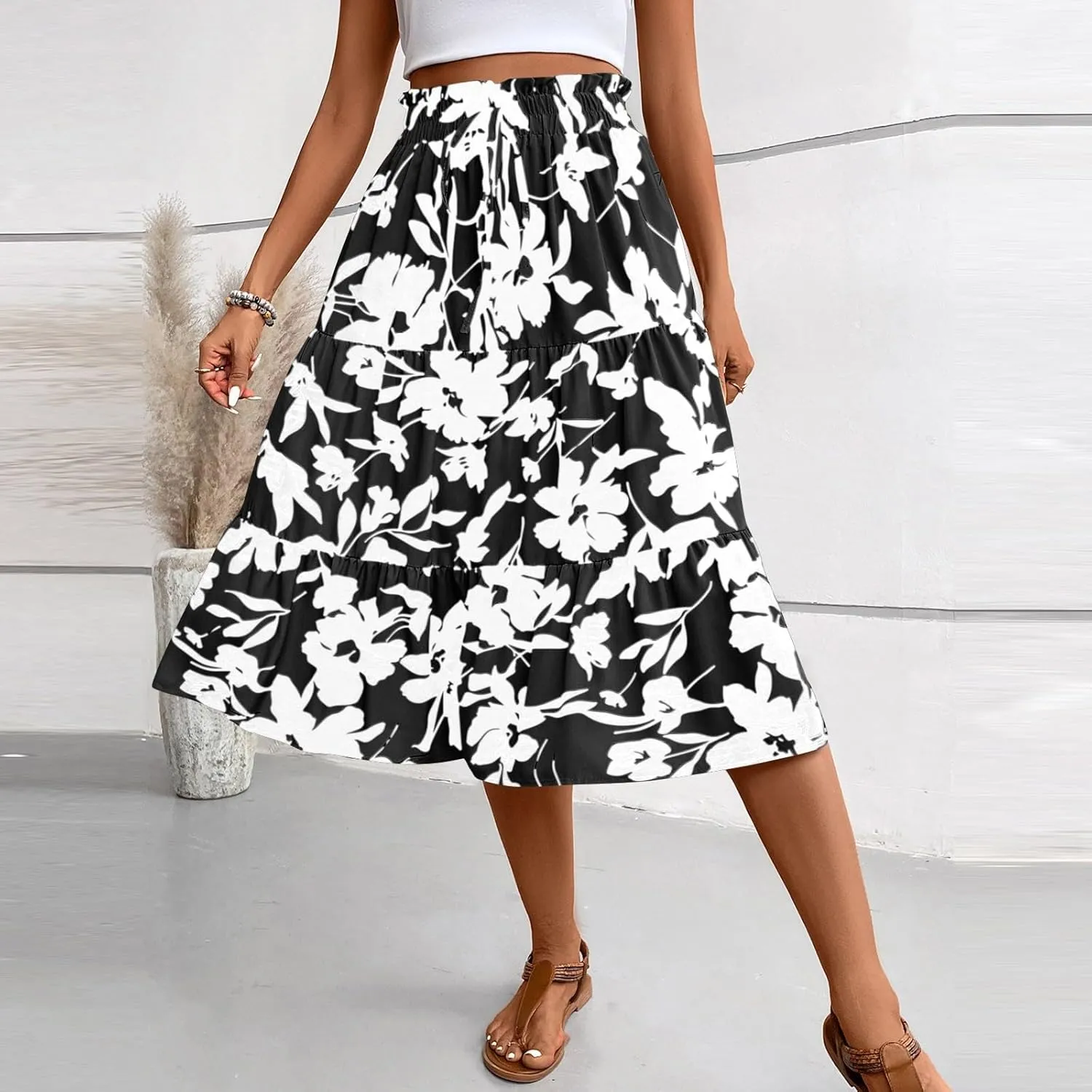 Maxi Skirt,Womens Boho Maxi Skirt with Pockets Elastic High Waisted Linen Summer Flowy Long Skirts for Women 2025