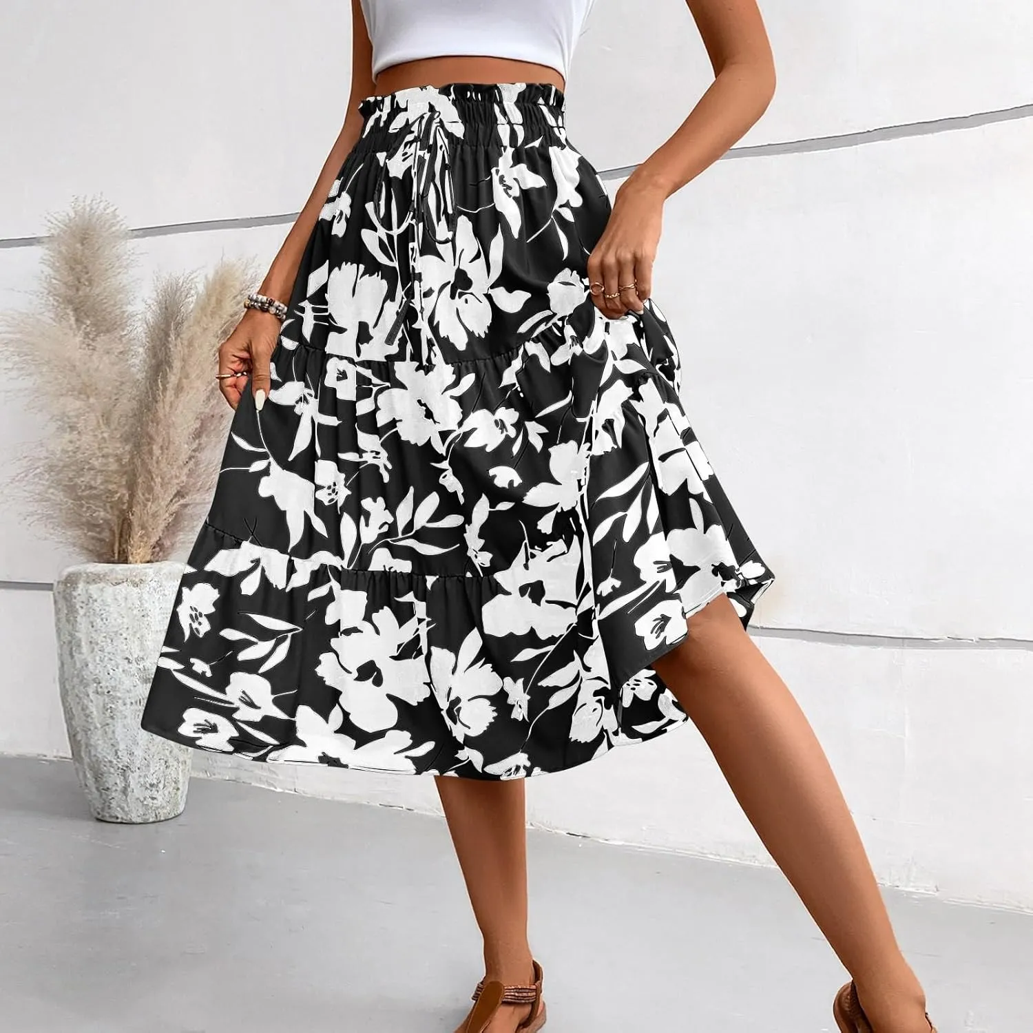 Maxi Skirt,Womens Boho Maxi Skirt with Pockets Elastic High Waisted Linen Summer Flowy Long Skirts for Women 2025