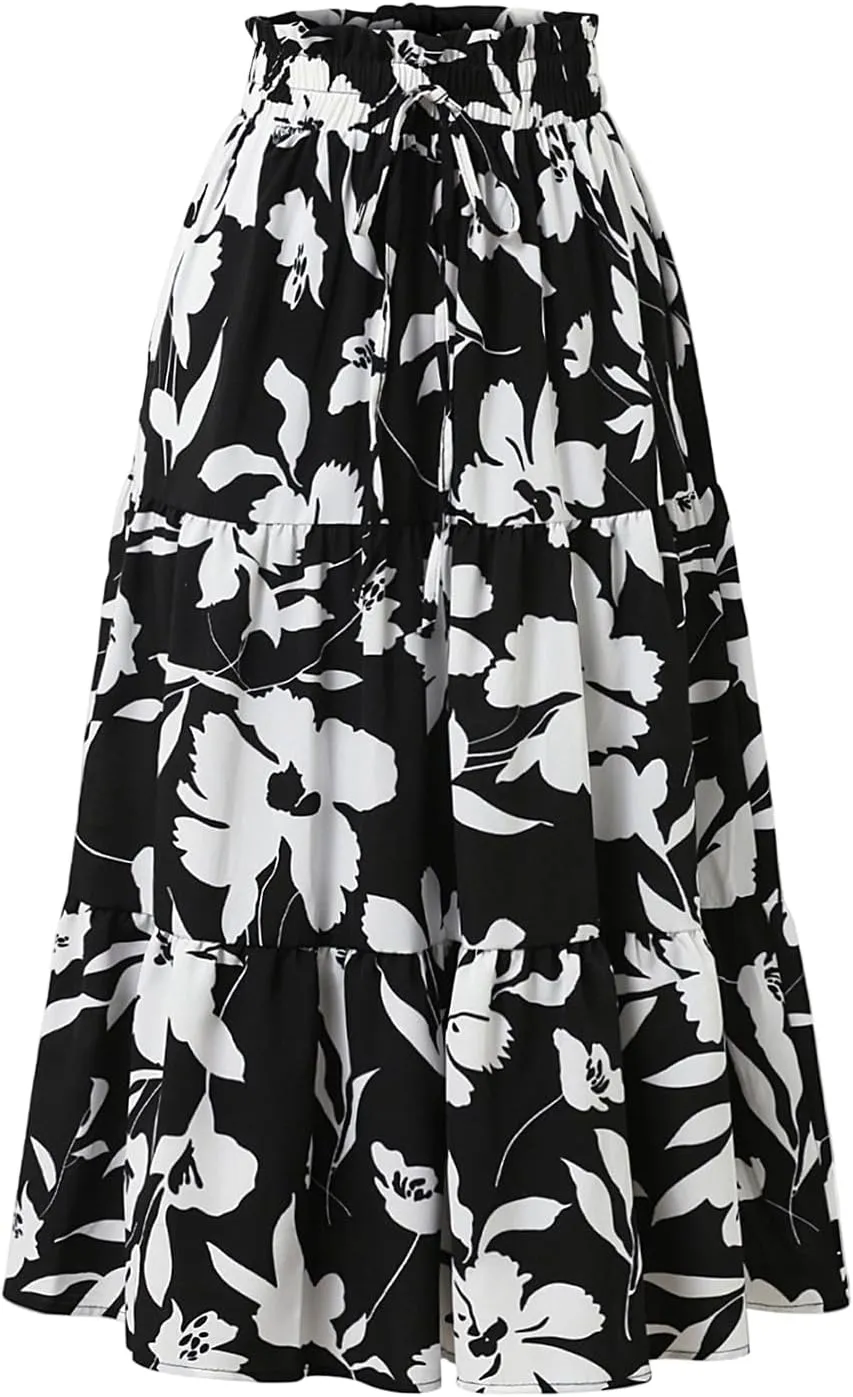 Maxi Skirt,Womens Boho Maxi Skirt with Pockets Elastic High Waisted Linen Summer Flowy Long Skirts for Women 2025