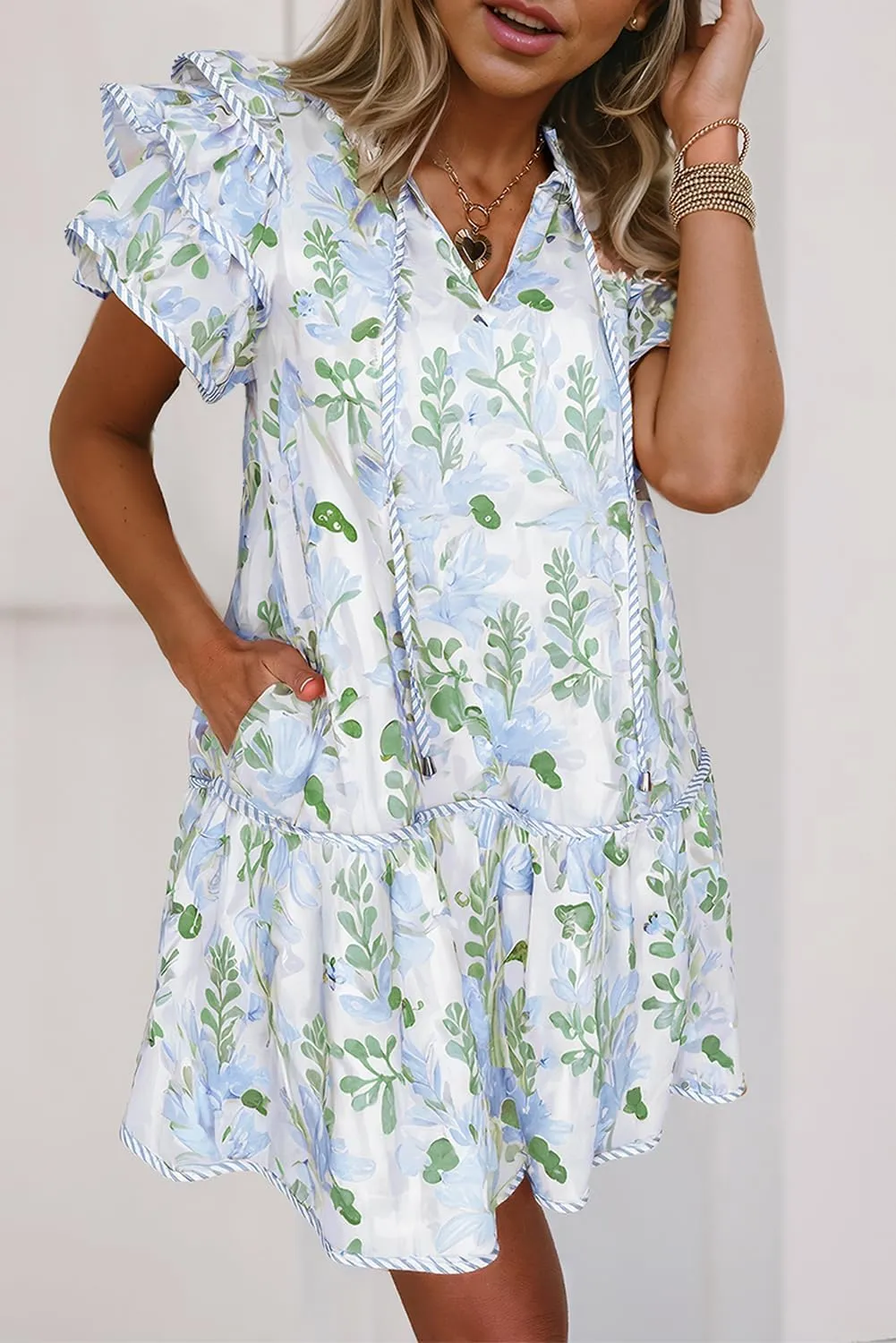 Melliflo Women's Summer Floral Mini Dress Ruffle Short Sleeve V Neck Tiered Layered Boho Swing Dresses Spring Beach Sundress