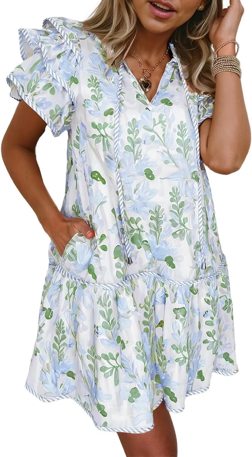Melliflo Women's Summer Floral Mini Dress Ruffle Short Sleeve V Neck Tiered Layered Boho Swing Dresses Spring Beach Sundress