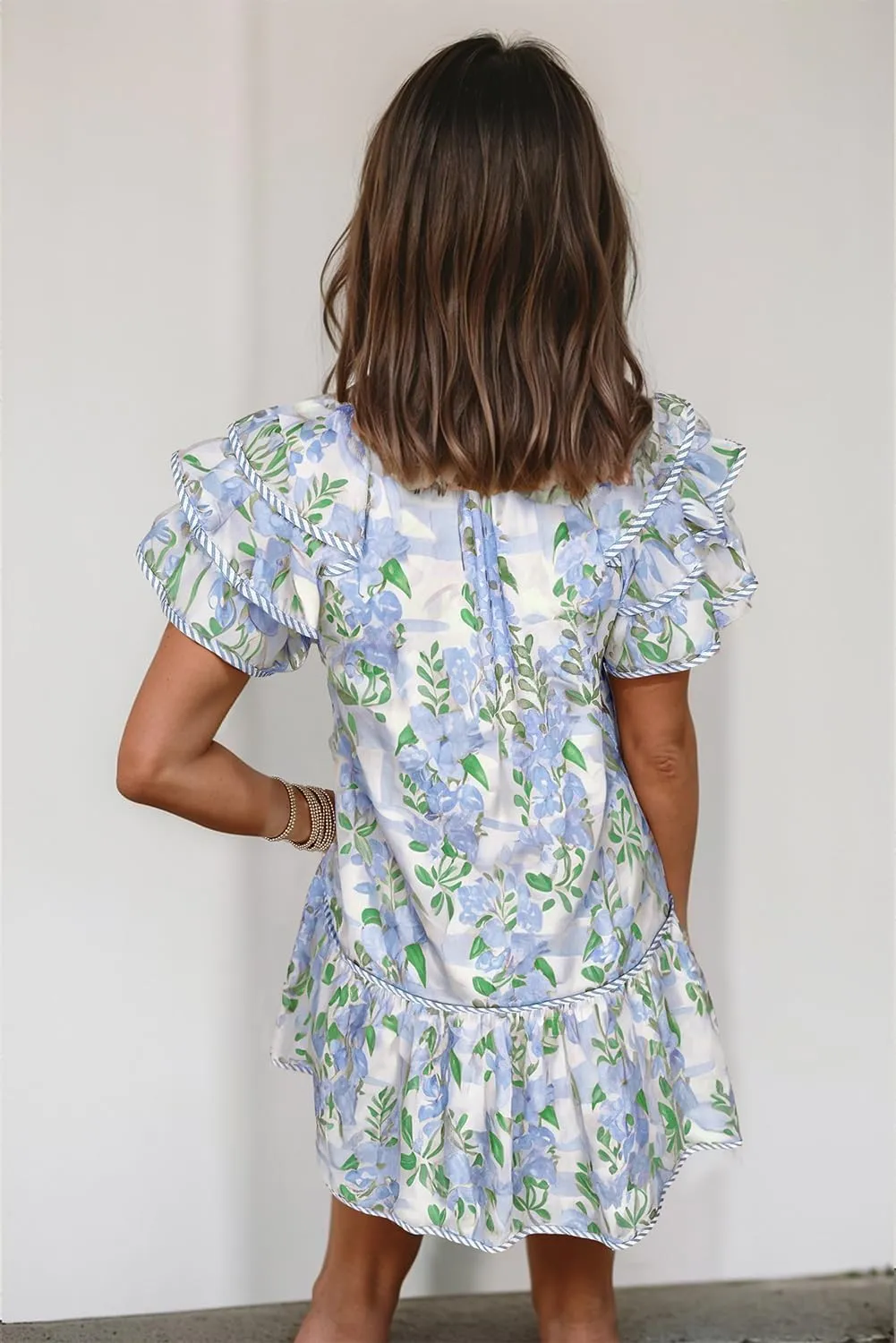 Melliflo Women's Summer Floral Mini Dress Ruffle Short Sleeve V Neck Tiered Layered Boho Swing Dresses Spring Beach Sundress