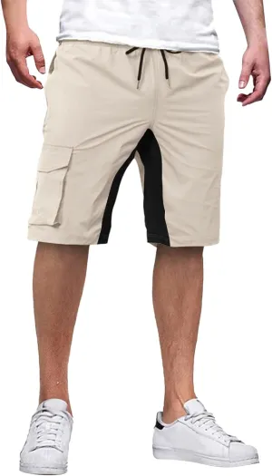 Men's Casual Cargo Shorts Color Block Drawstring Pants Slim Fit Joggers Pants Outdoor Hiking Shorts with Pockets