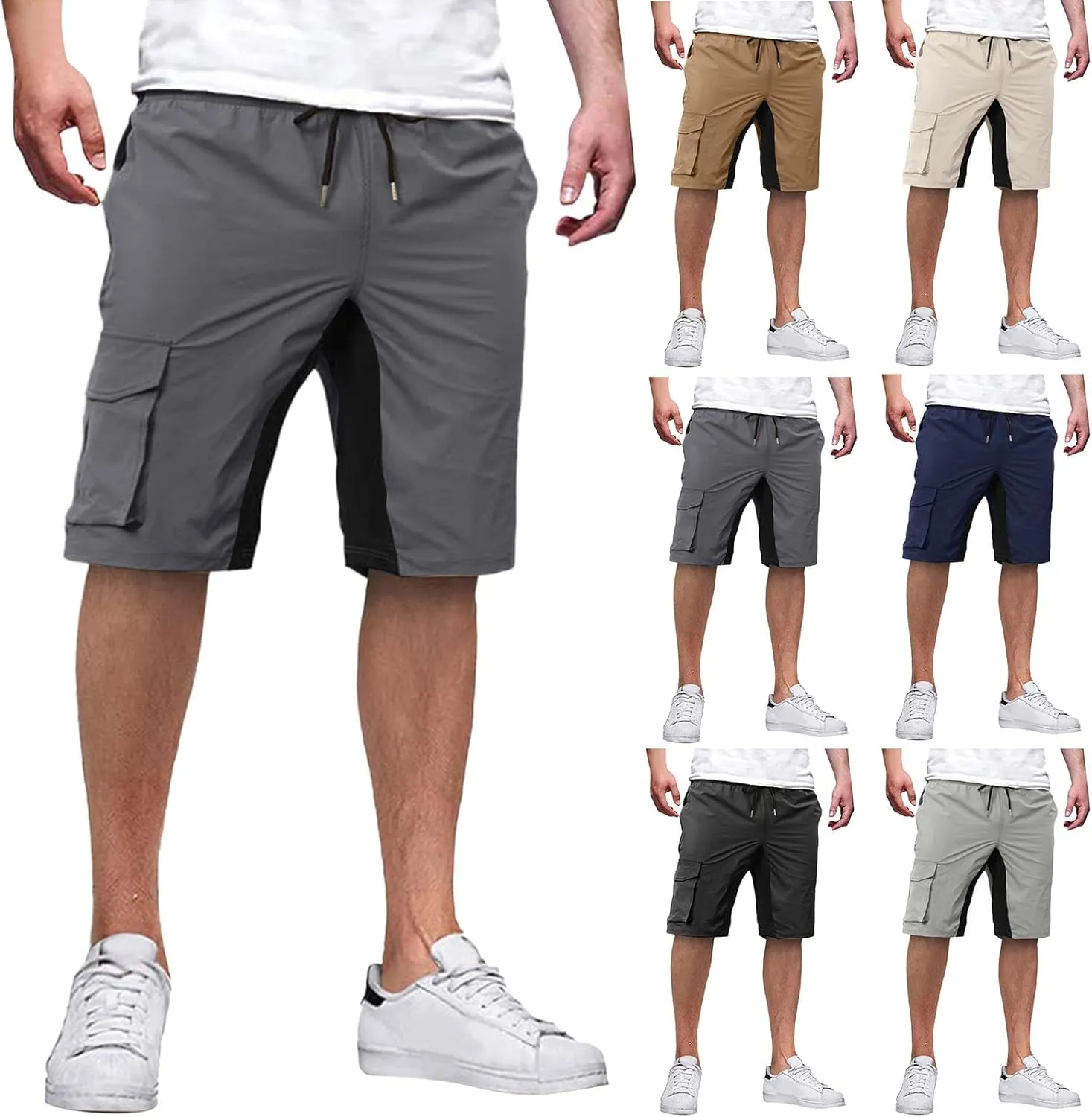 Men's Casual Cargo Shorts Color Block Drawstring Pants Slim Fit Joggers Pants Outdoor Hiking Shorts with Pockets