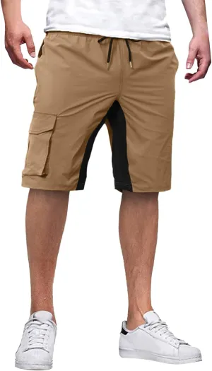 Men's Casual Cargo Shorts Color Block Drawstring Pants Slim Fit Joggers Pants Outdoor Hiking Shorts with Pockets