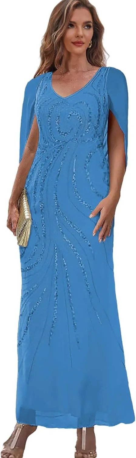 Mermaid Mother of The Bride Dresses for Wedding Sequin Chiffon Formal Evening Dress with Cape