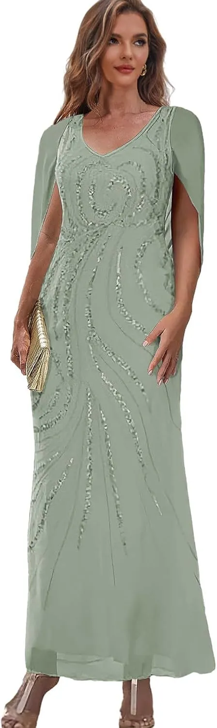 Mermaid Mother of The Bride Dresses for Wedding Sequin Chiffon Formal Evening Dress with Cape