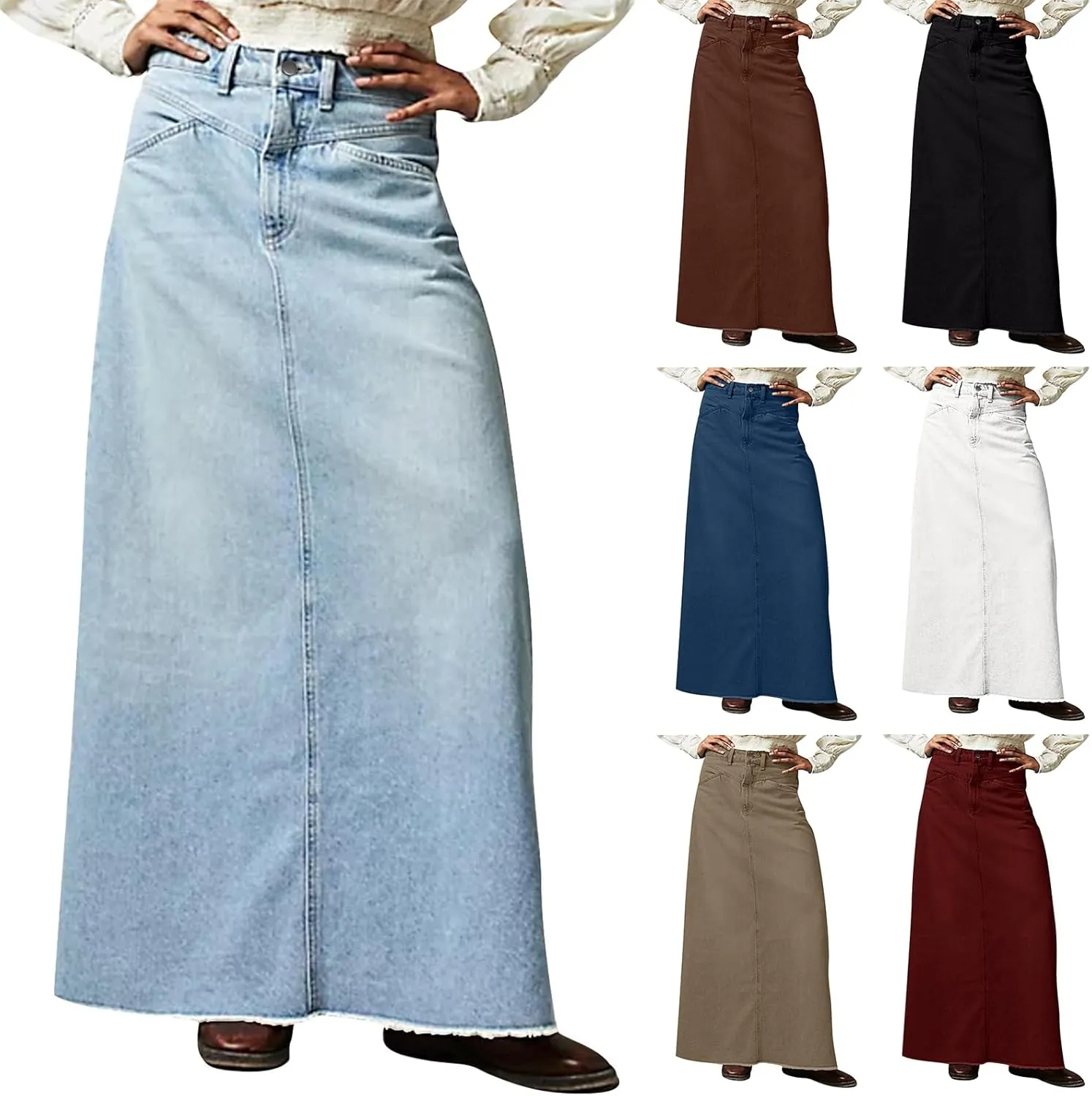 midelxp Jean Skirts for Women Summer Y2k High Waisted Maxi Skirts with Pockets Casual Frayed Raw Hem Long Denim Skirt