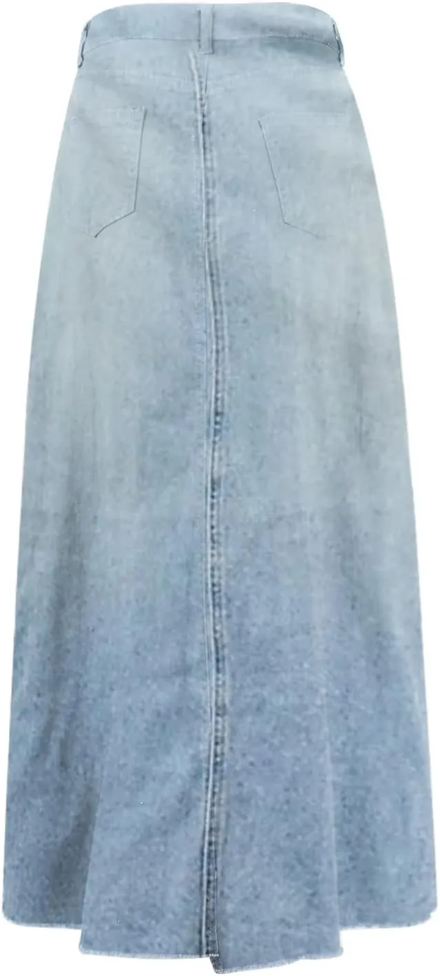 midelxp Jean Skirts for Women Summer Y2k High Waisted Maxi Skirts with Pockets Casual Frayed Raw Hem Long Denim Skirt