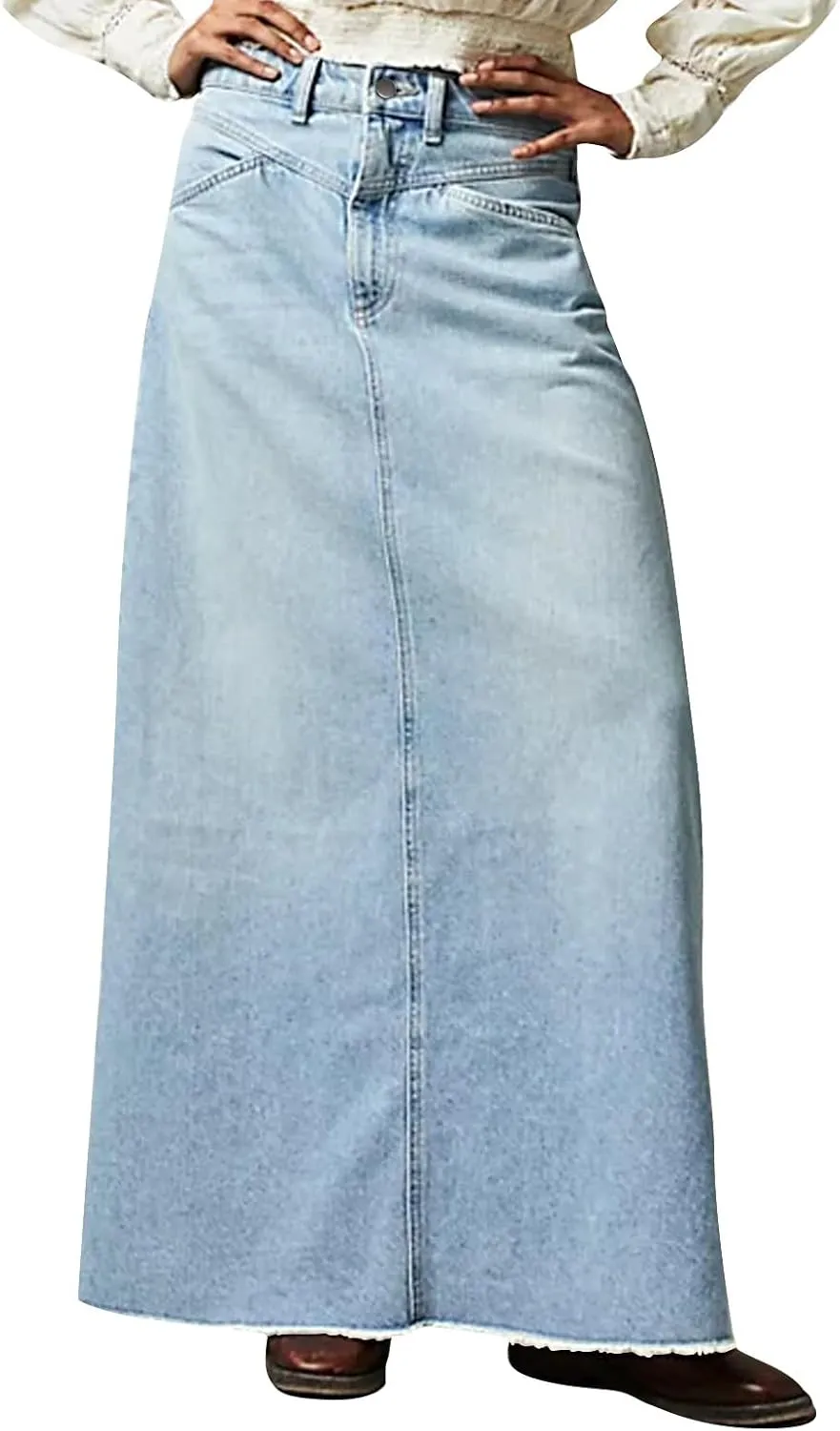midelxp Jean Skirts for Women Summer Y2k High Waisted Maxi Skirts with Pockets Casual Frayed Raw Hem Long Denim Skirt