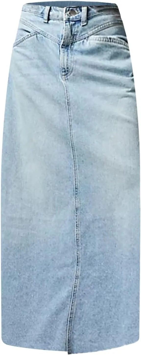 midelxp Jean Skirts for Women Summer Y2k High Waisted Maxi Skirts with Pockets Casual Frayed Raw Hem Long Denim Skirt