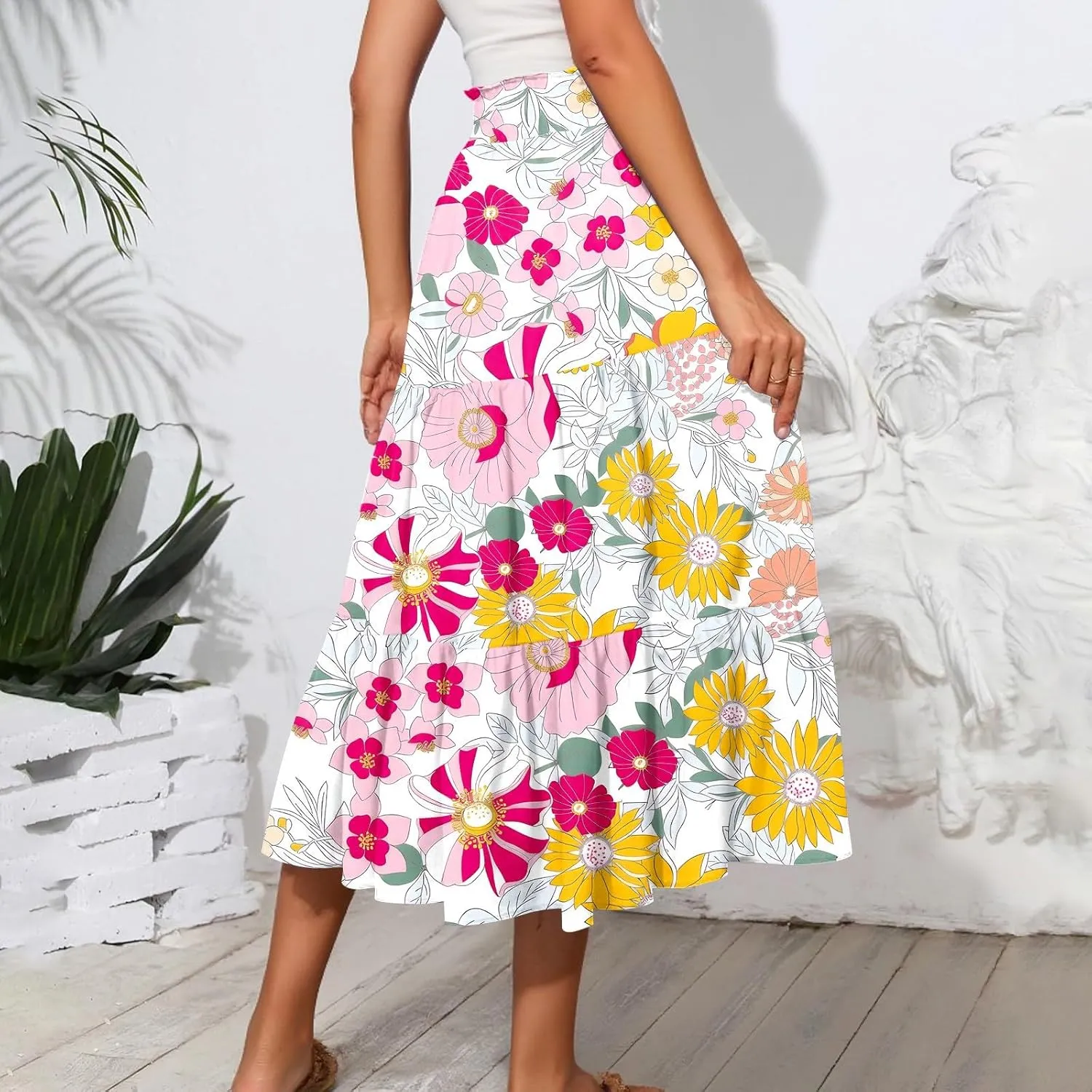 Midi Boho Floral Skirts for Women Trendy Tiered Comfy Flowy A Line Skirt Drawstring High Elastic Waist Skorts with Pockets