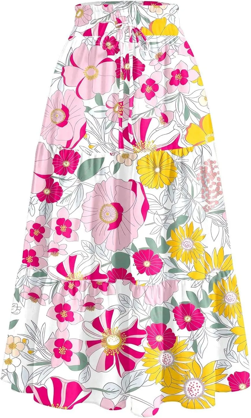 Midi Boho Floral Skirts for Women Trendy Tiered Comfy Flowy A Line Skirt Drawstring High Elastic Waist Skorts with Pockets
