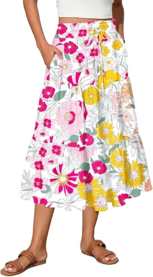 Midi Boho Floral Skirts for Women Trendy Tiered Comfy Flowy A Line Skirt Drawstring High Elastic Waist Skorts with Pockets