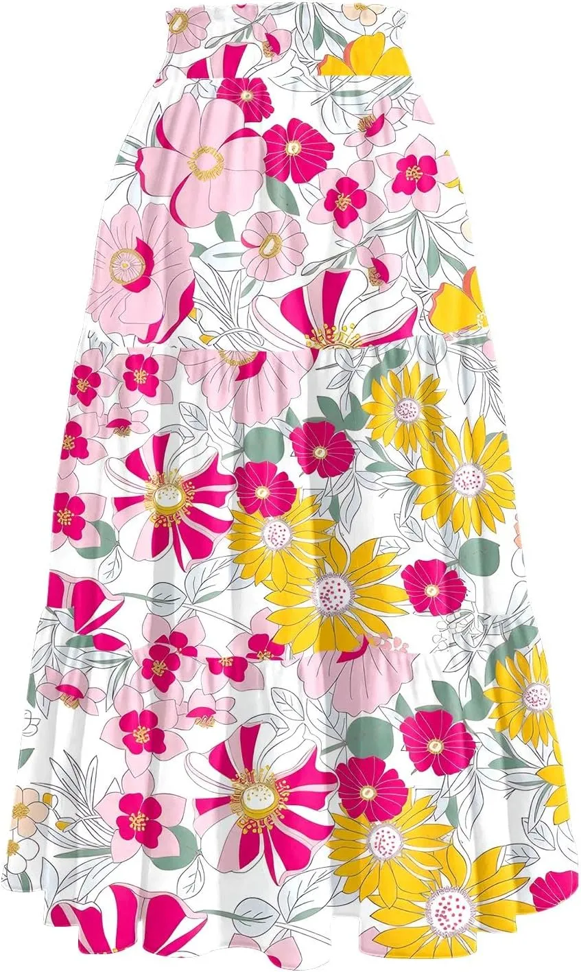 Midi Boho Floral Skirts for Women Trendy Tiered Comfy Flowy A Line Skirt Drawstring High Elastic Waist Skorts with Pockets