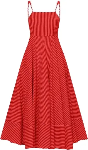 Midi Dresses for Women Stripe Sleeveless Pleated Skirt High Waist Zipper Vacation Dresses Slip Dress