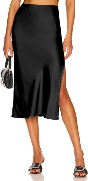 Midi Satin Skirts for Women with Slit Silk Skirts for Women High Waist Silky Side Split Party Flared Casual A Line Midi Skirt