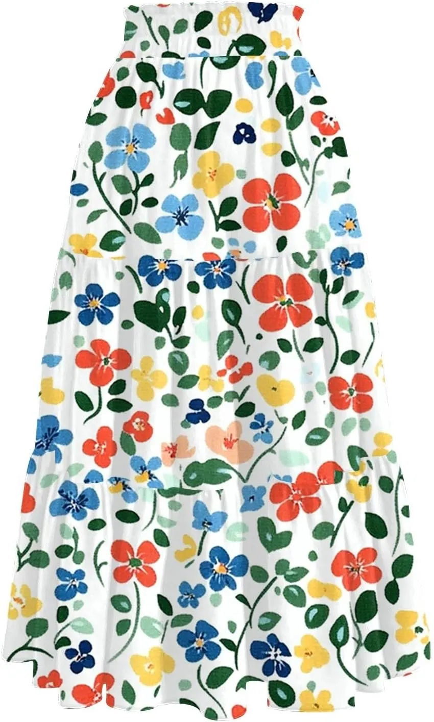 Midi Skirts for Women 2025 Boho Floral Skirts High Elastic Waisted Tiered Ruffle Skirt Flowy A Line Skorts with Pockets