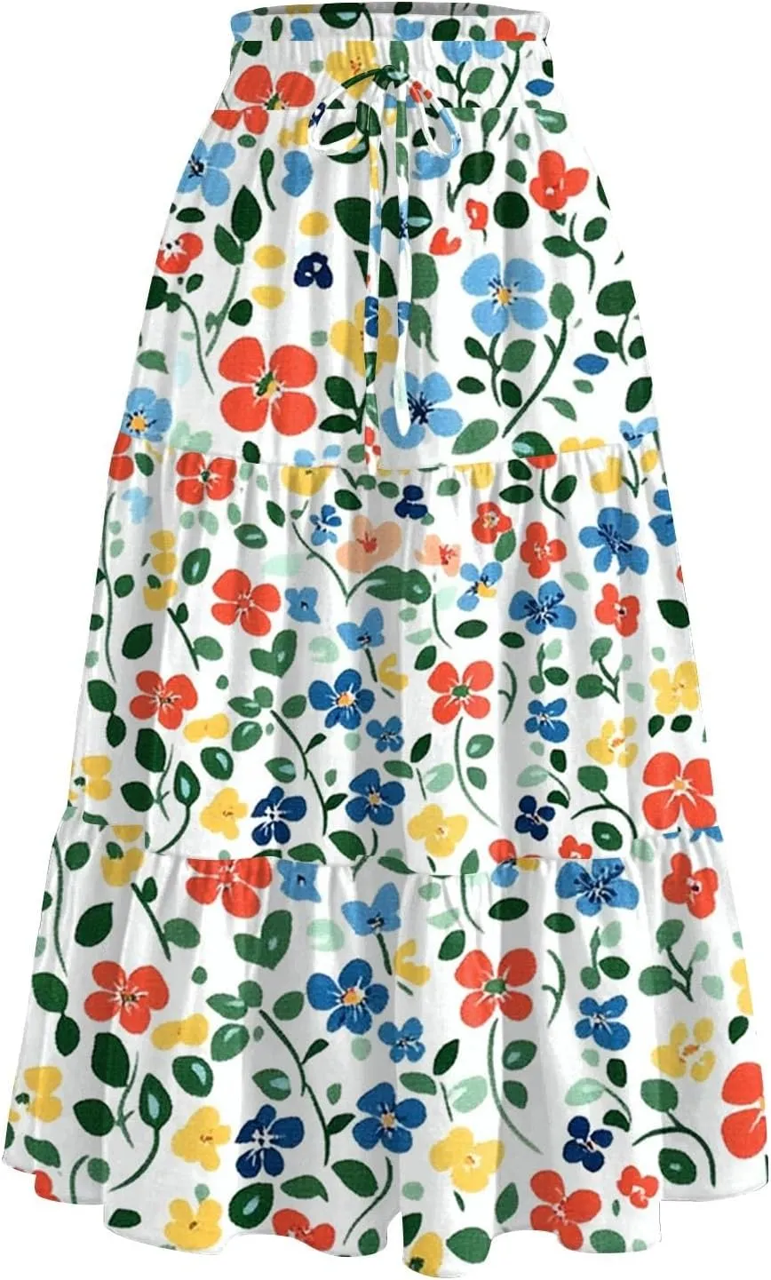 Midi Skirts for Women 2025 Boho Floral Skirts High Elastic Waisted Tiered Ruffle Skirt Flowy A Line Skorts with Pockets