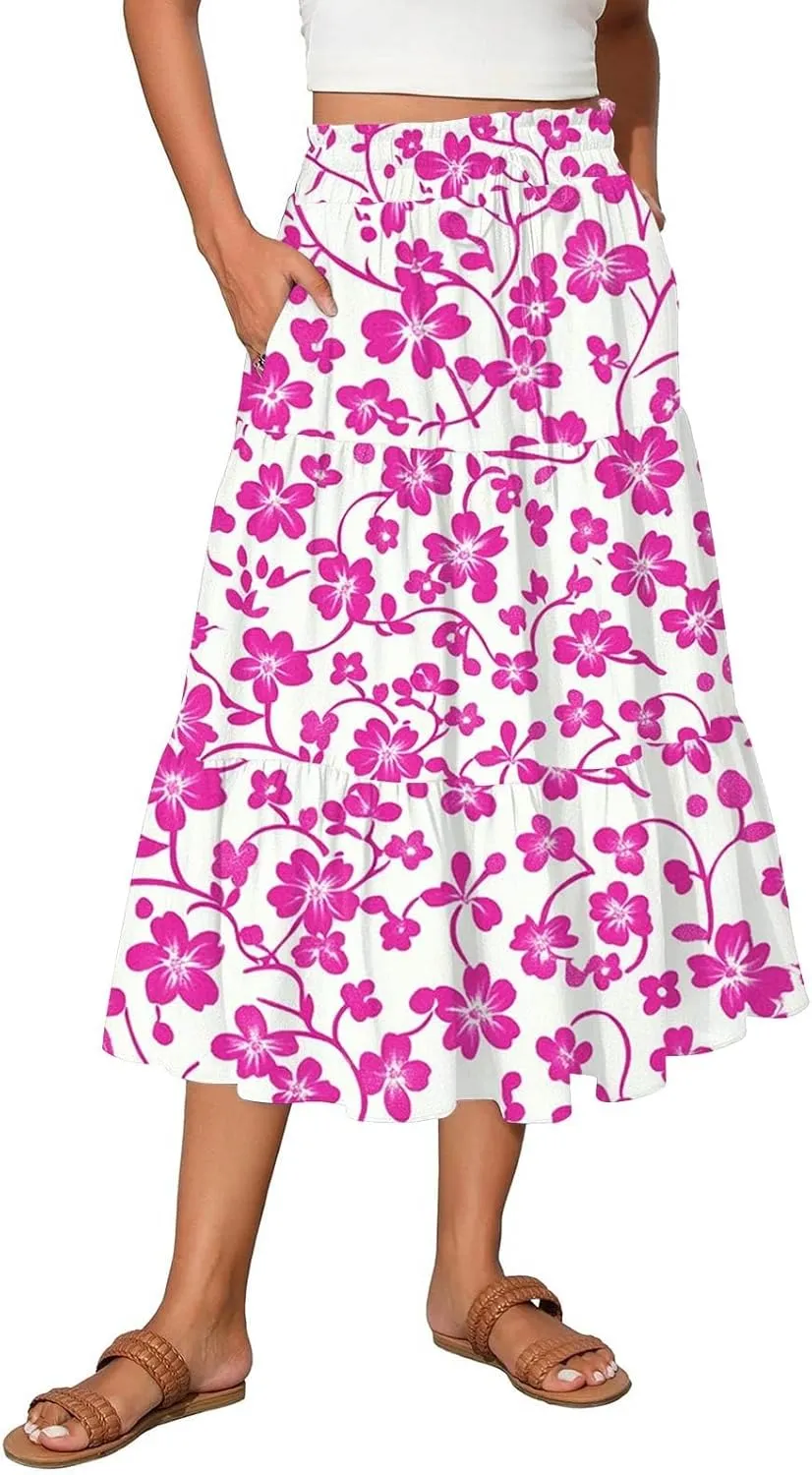 Midi Skirts for Women 2025 Boho Floral Skirts High Elastic Waisted Tiered Ruffle Skirt Flowy A Line Skorts with Pockets