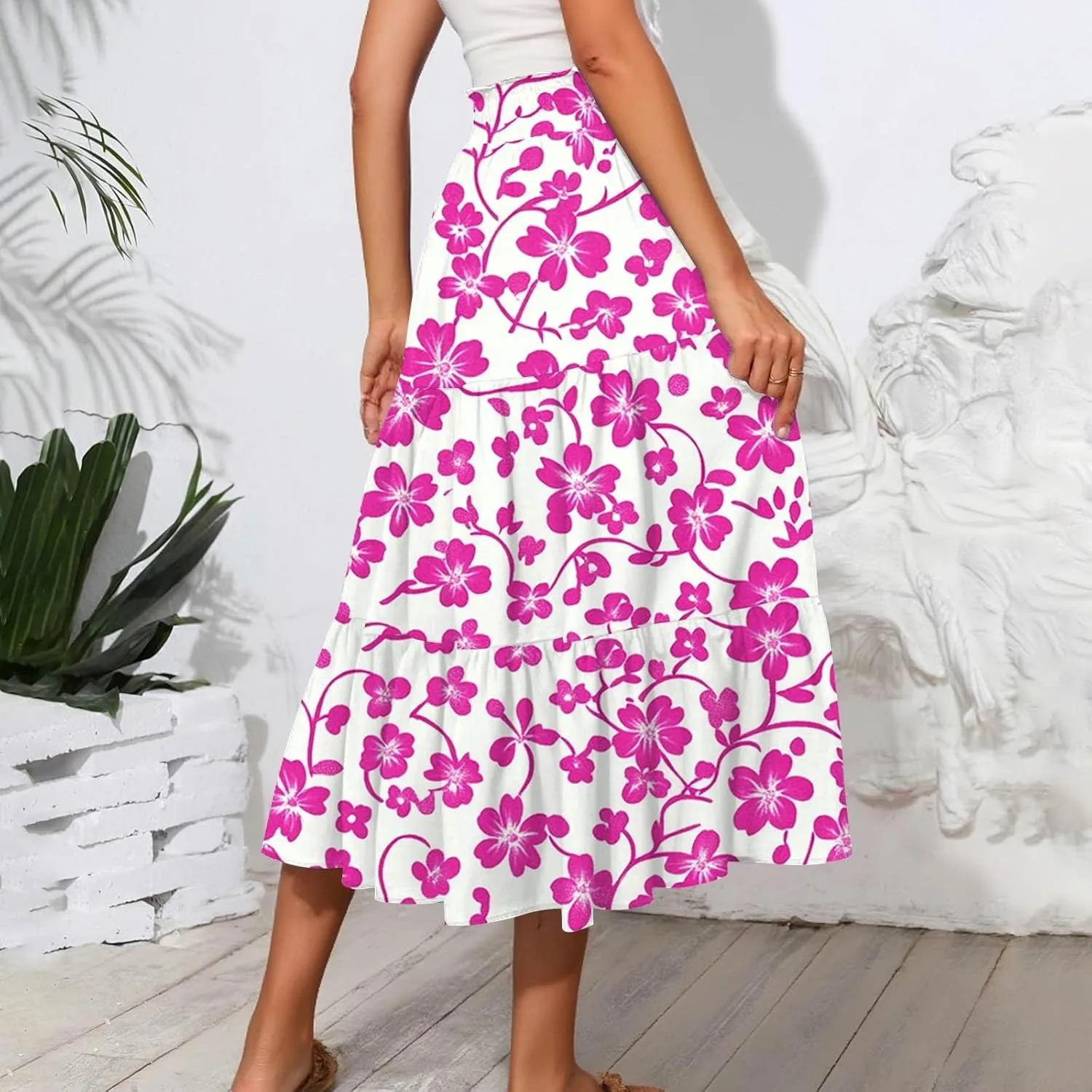 Midi Skirts for Women 2025 Boho Floral Skirts High Elastic Waisted Tiered Ruffle Skirt Flowy A Line Skorts with Pockets