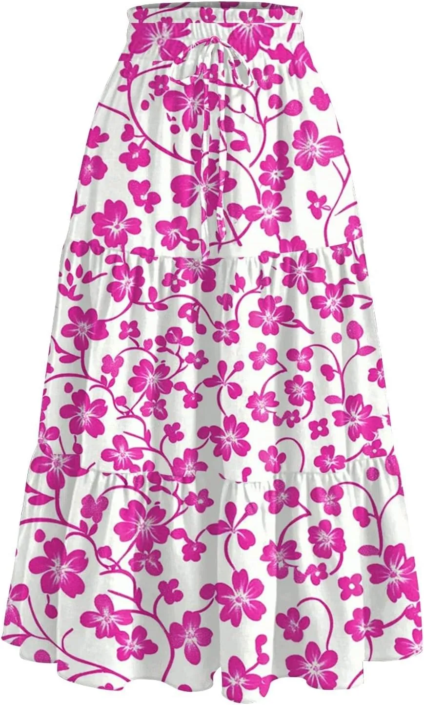 Midi Skirts for Women 2025 Boho Floral Skirts High Elastic Waisted Tiered Ruffle Skirt Flowy A Line Skorts with Pockets