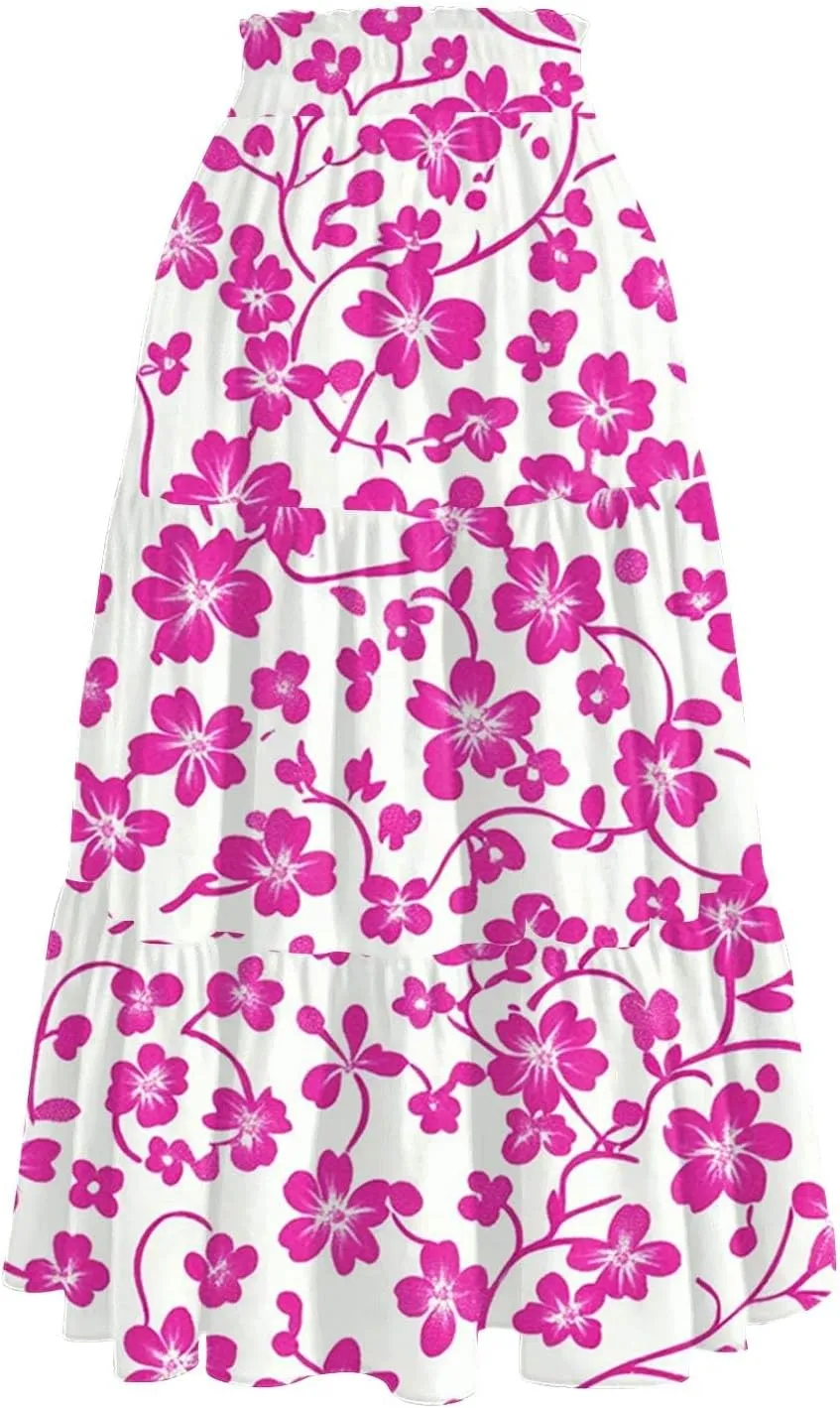 Midi Skirts for Women 2025 Boho Floral Skirts High Elastic Waisted Tiered Ruffle Skirt Flowy A Line Skorts with Pockets