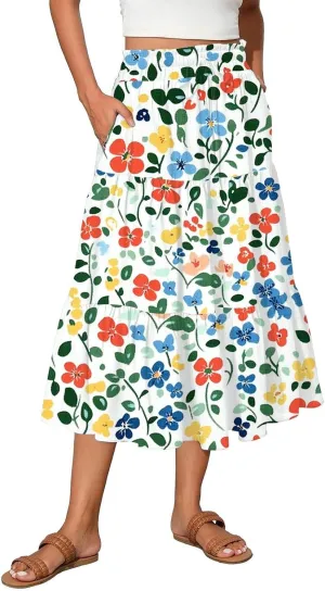 Midi Skirts for Women 2025 Boho Floral Skirts High Elastic Waisted Tiered Ruffle Skirt Flowy A Line Skorts with Pockets