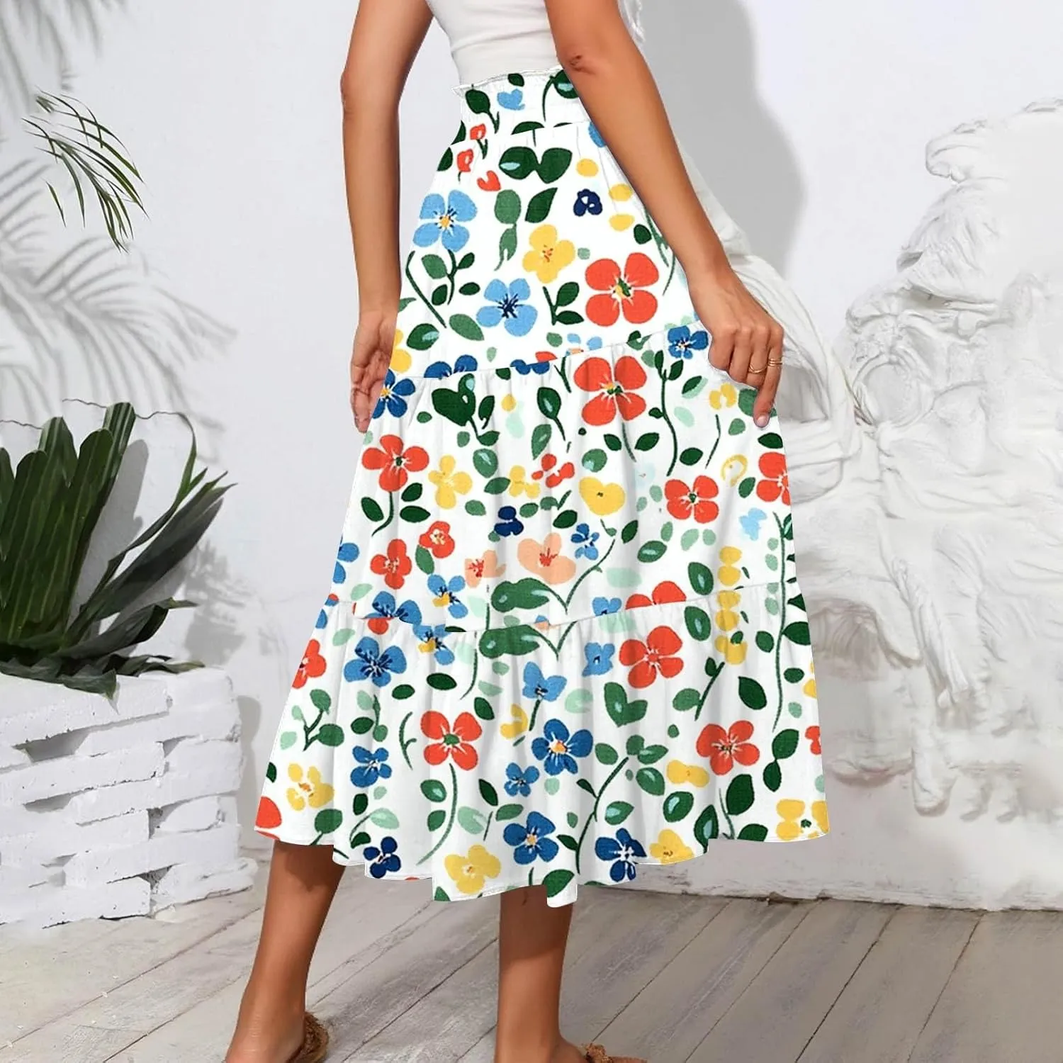 Midi Skirts for Women 2025 Boho Floral Skirts High Elastic Waisted Tiered Ruffle Skirt Flowy A Line Skorts with Pockets