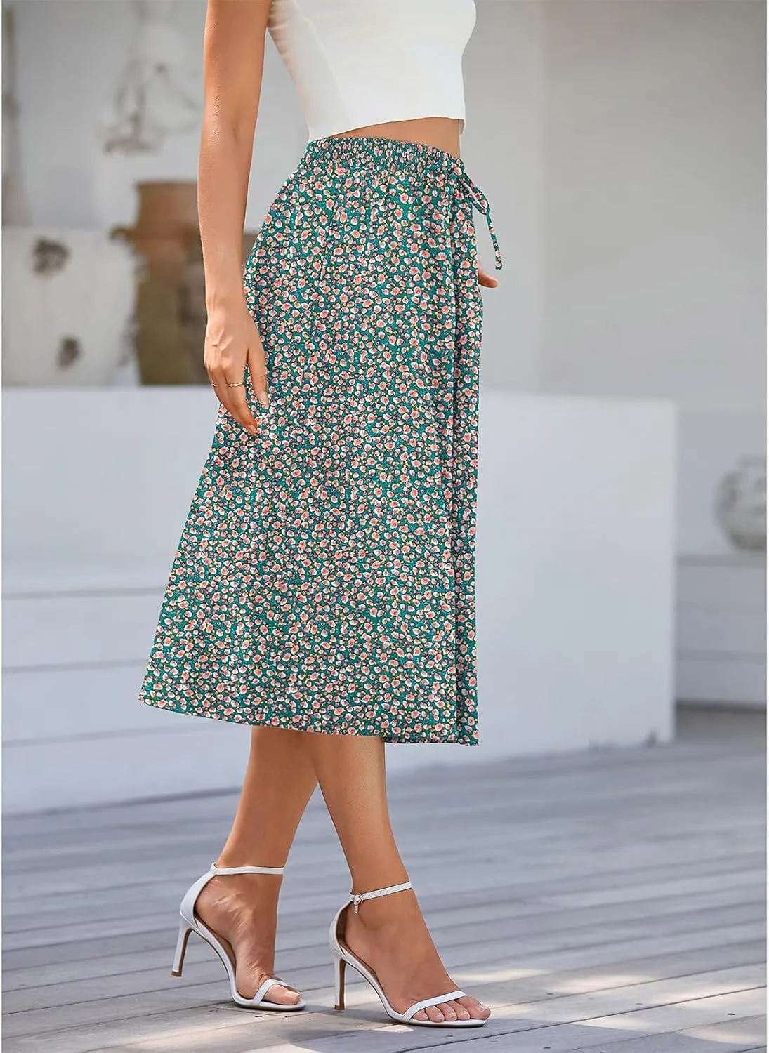 Midi Skirts for Women Knee Length Drawstring High Waisted Boho Floral Skirts Flowy A-Line Beach Skirt with Pockets
