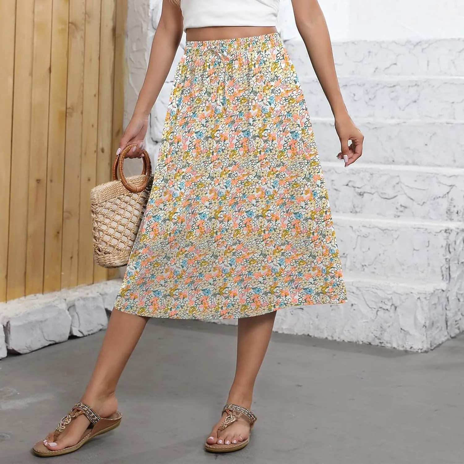 Midi Skirts for Women Knee Length Drawstring High Waisted Boho Floral Skirts Flowy A-Line Beach Skirt with Pockets