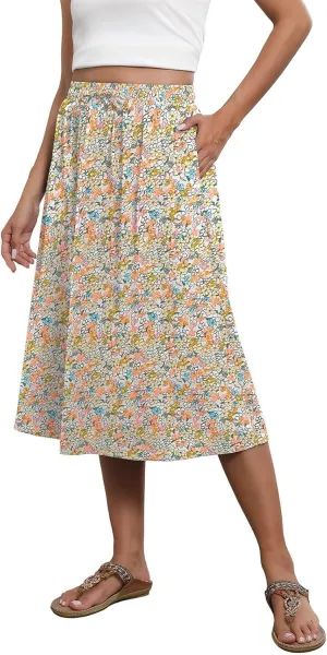Midi Skirts for Women Knee Length Drawstring High Waisted Boho Floral Skirts Flowy A-Line Beach Skirt with Pockets