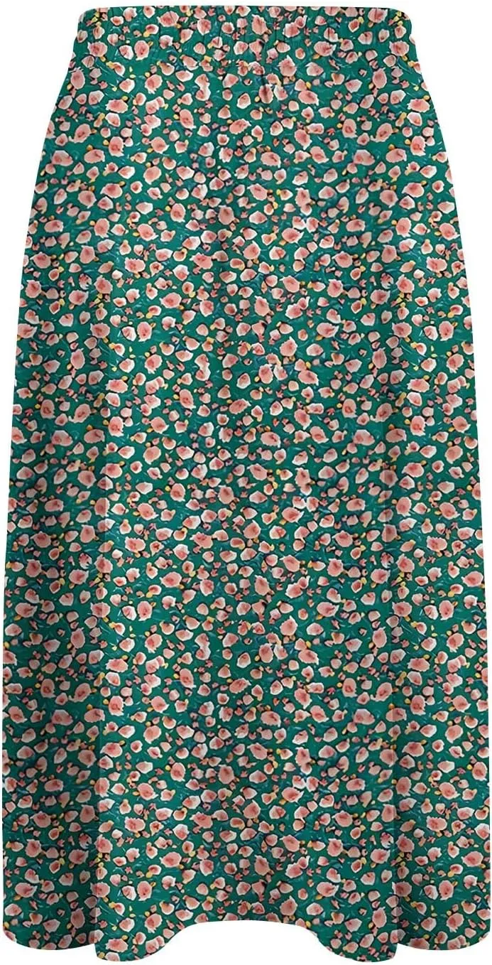 Midi Skirts for Women Knee Length Drawstring High Waisted Boho Floral Skirts Flowy A-Line Beach Skirt with Pockets