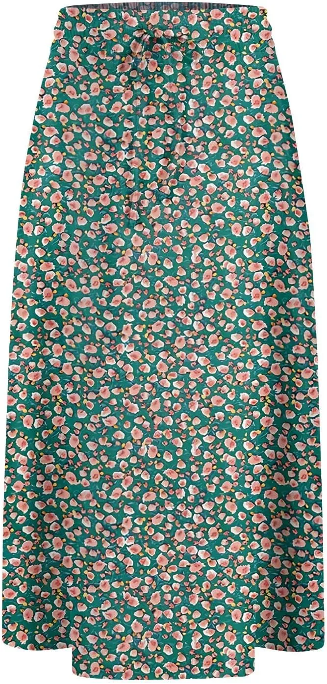 Midi Skirts for Women Knee Length Drawstring High Waisted Boho Floral Skirts Flowy A-Line Beach Skirt with Pockets