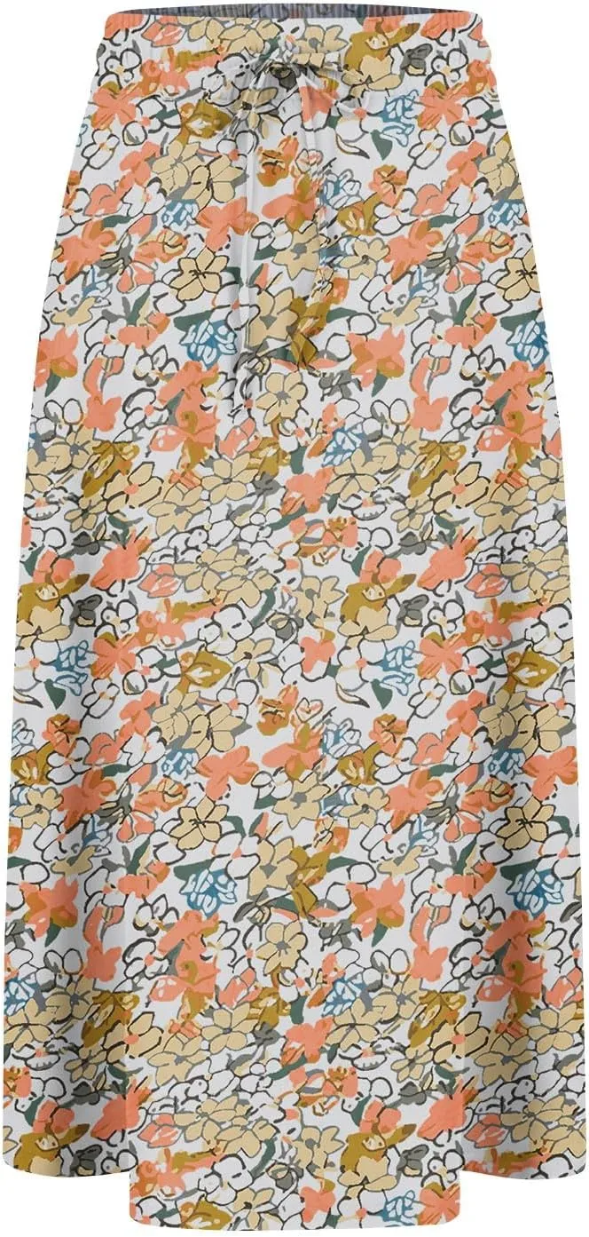 Midi Skirts for Women Knee Length Drawstring High Waisted Boho Floral Skirts Flowy A-Line Beach Skirt with Pockets