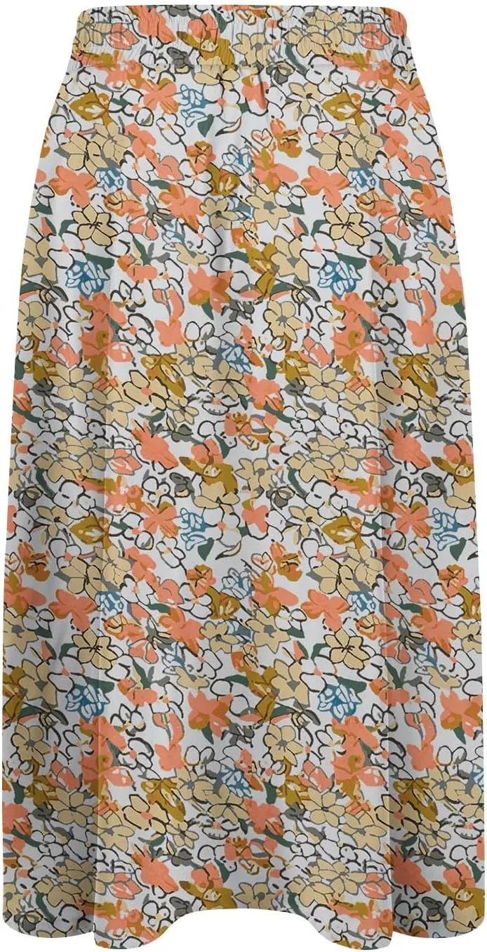 Midi Skirts for Women Knee Length Drawstring High Waisted Boho Floral Skirts Flowy A-Line Beach Skirt with Pockets