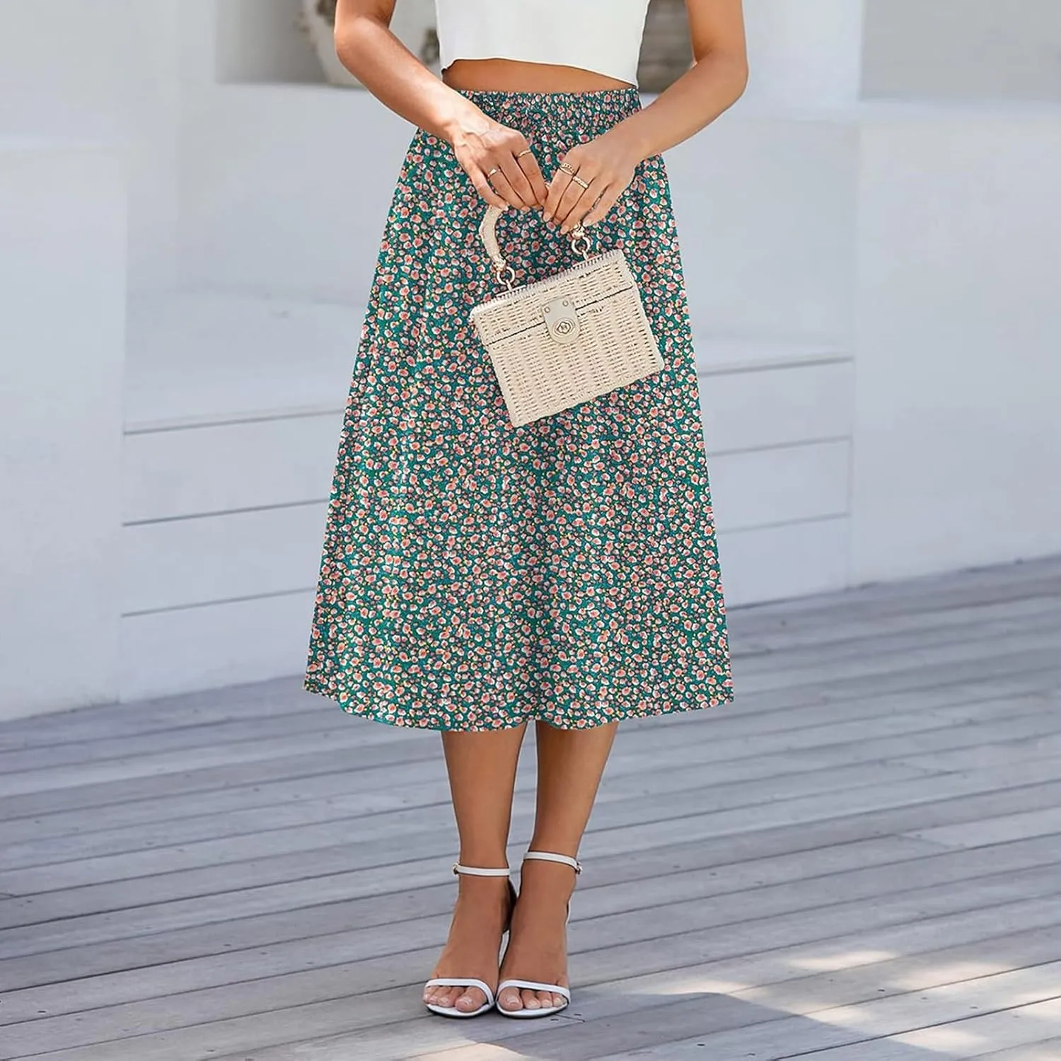 Midi Skirts for Women Knee Length Drawstring High Waisted Boho Floral Skirts Flowy A-Line Beach Skirt with Pockets