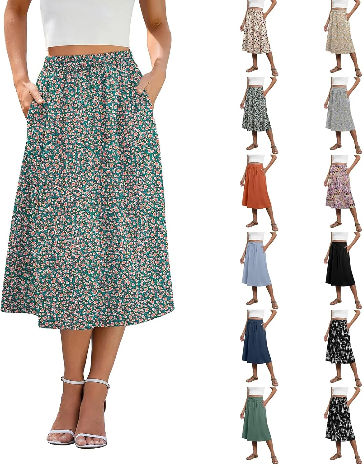 Midi Skirts for Women Knee Length Drawstring High Waisted Boho Floral Skirts Flowy A-Line Beach Skirt with Pockets