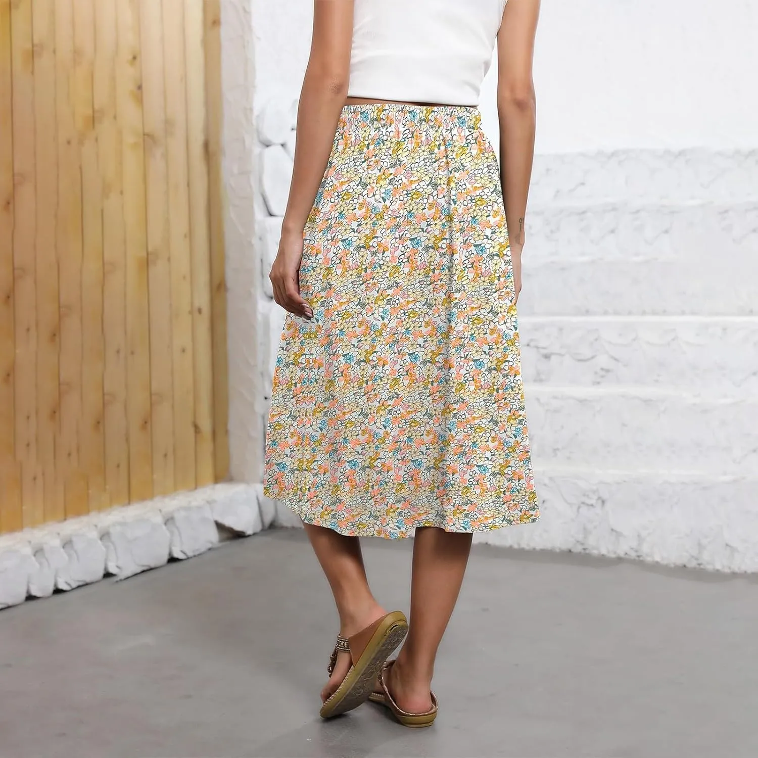 Midi Skirts for Women Knee Length Drawstring High Waisted Boho Floral Skirts Flowy A-Line Beach Skirt with Pockets