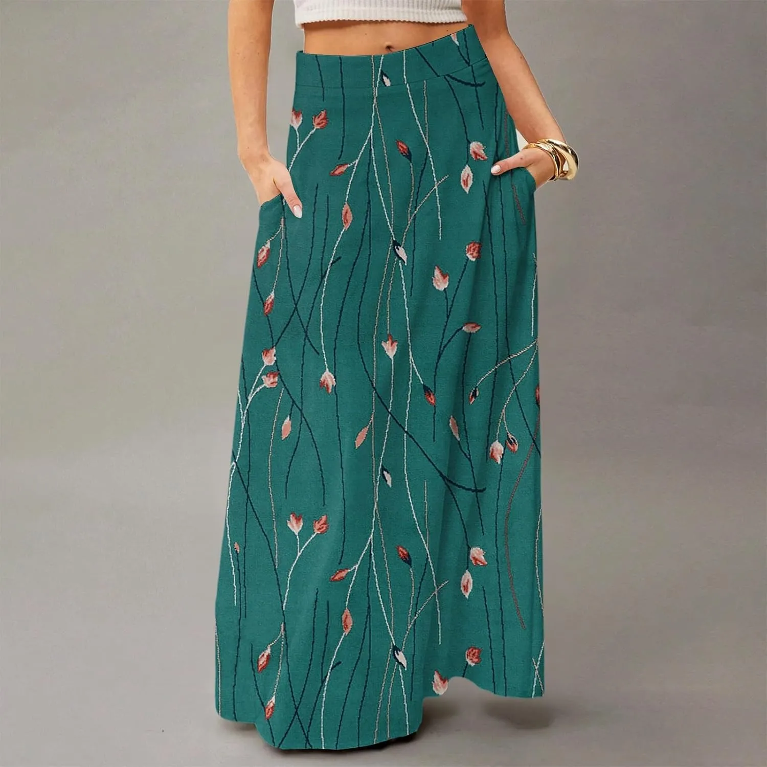 Midi Skirts for Women Summer High Waisted Pleated A-Line Swing Floral Long with Pockets