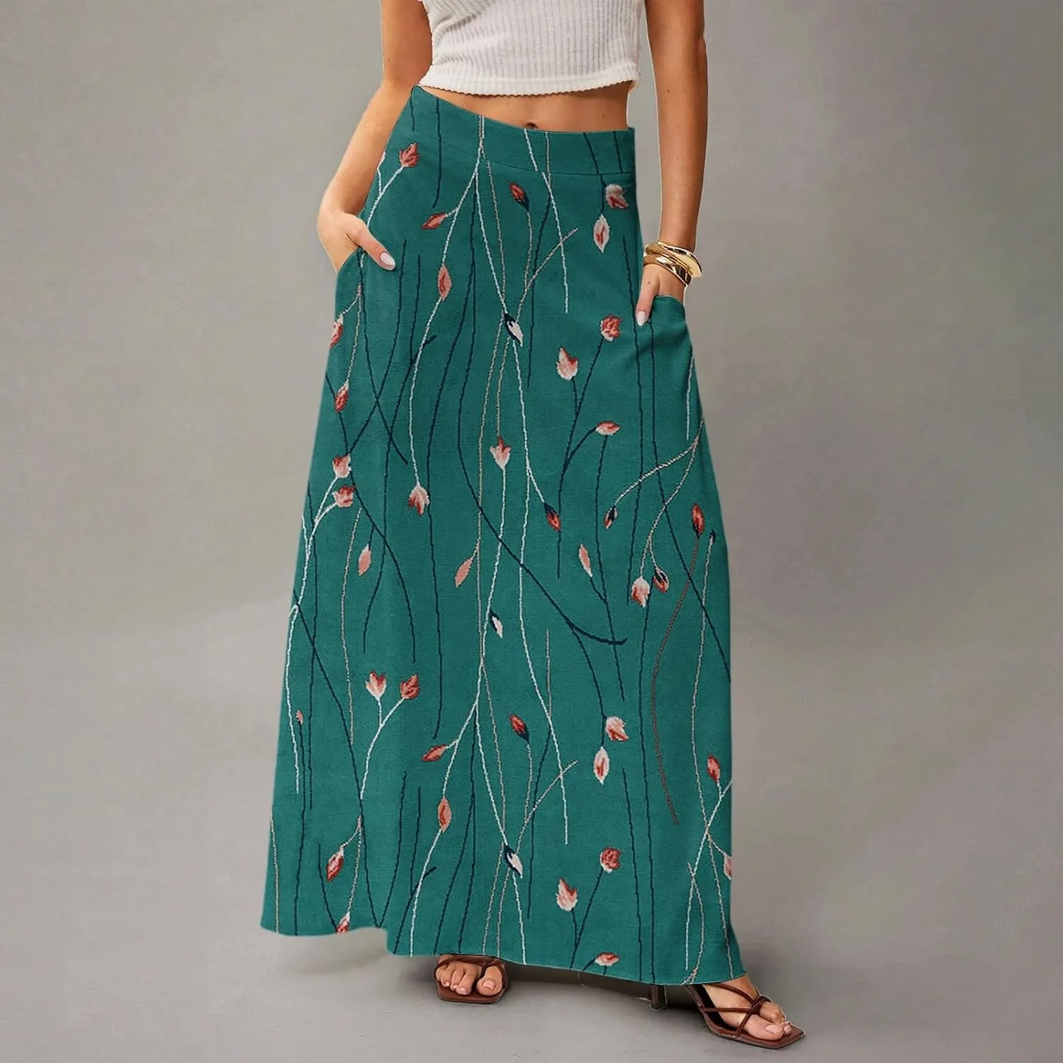 Midi Skirts for Women Summer High Waisted Pleated A-Line Swing Floral Long with Pockets
