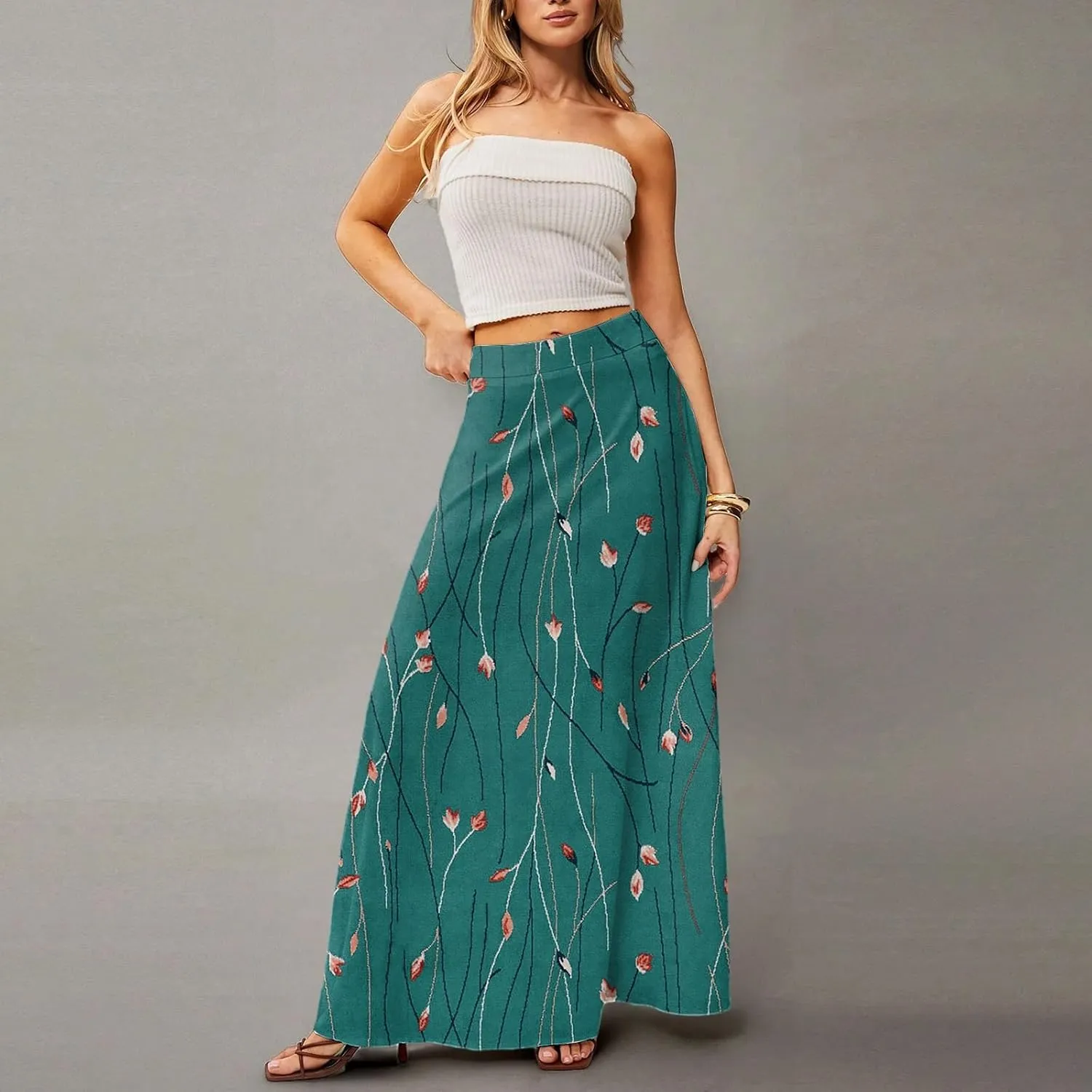 Midi Skirts for Women Summer High Waisted Pleated A-Line Swing Floral Long with Pockets