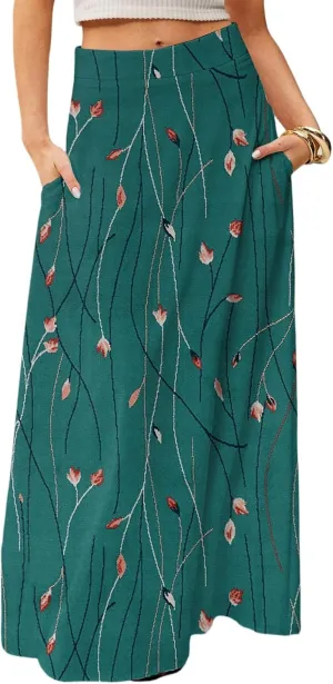 Midi Skirts for Women Summer High Waisted Pleated A-Line Swing Floral Long with Pockets