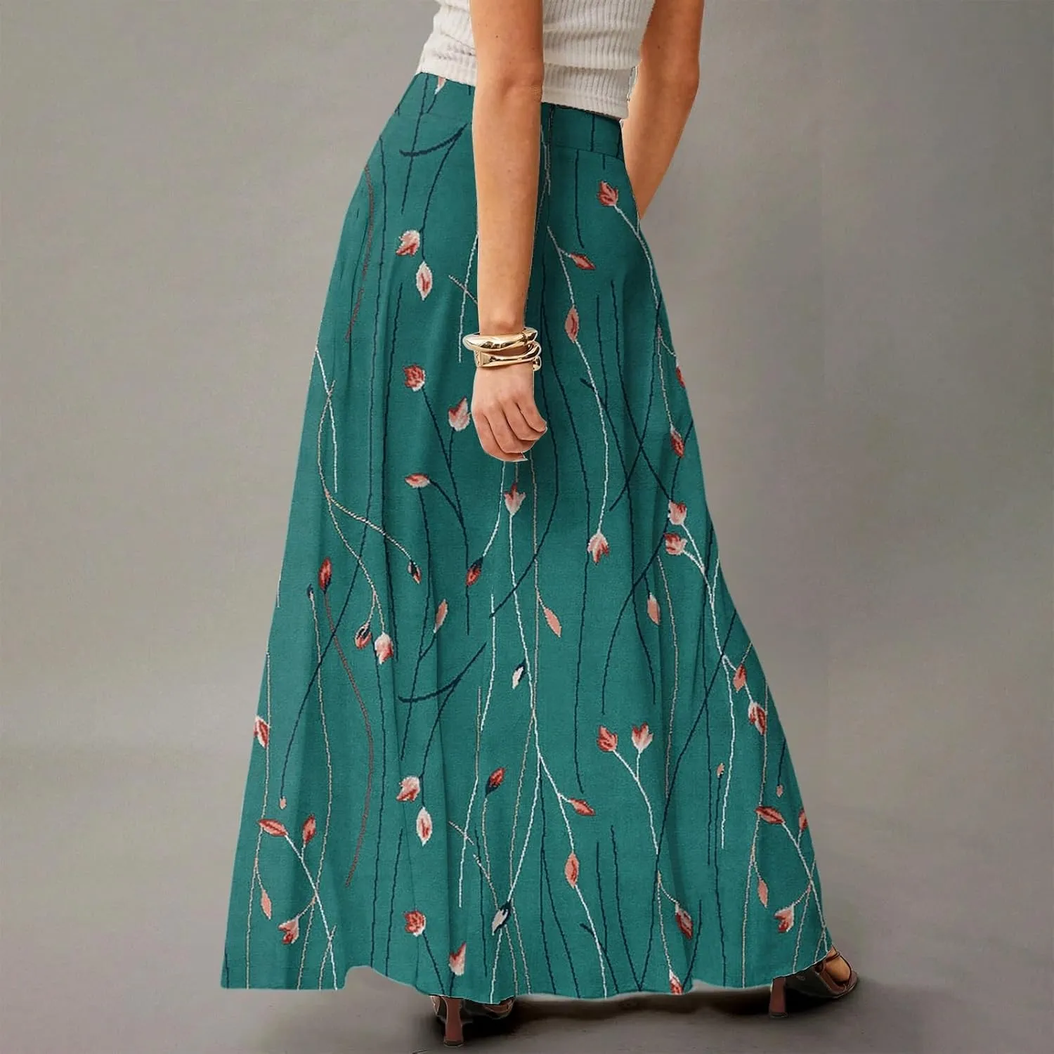 Midi Skirts for Women Summer High Waisted Pleated A-Line Swing Floral Long with Pockets