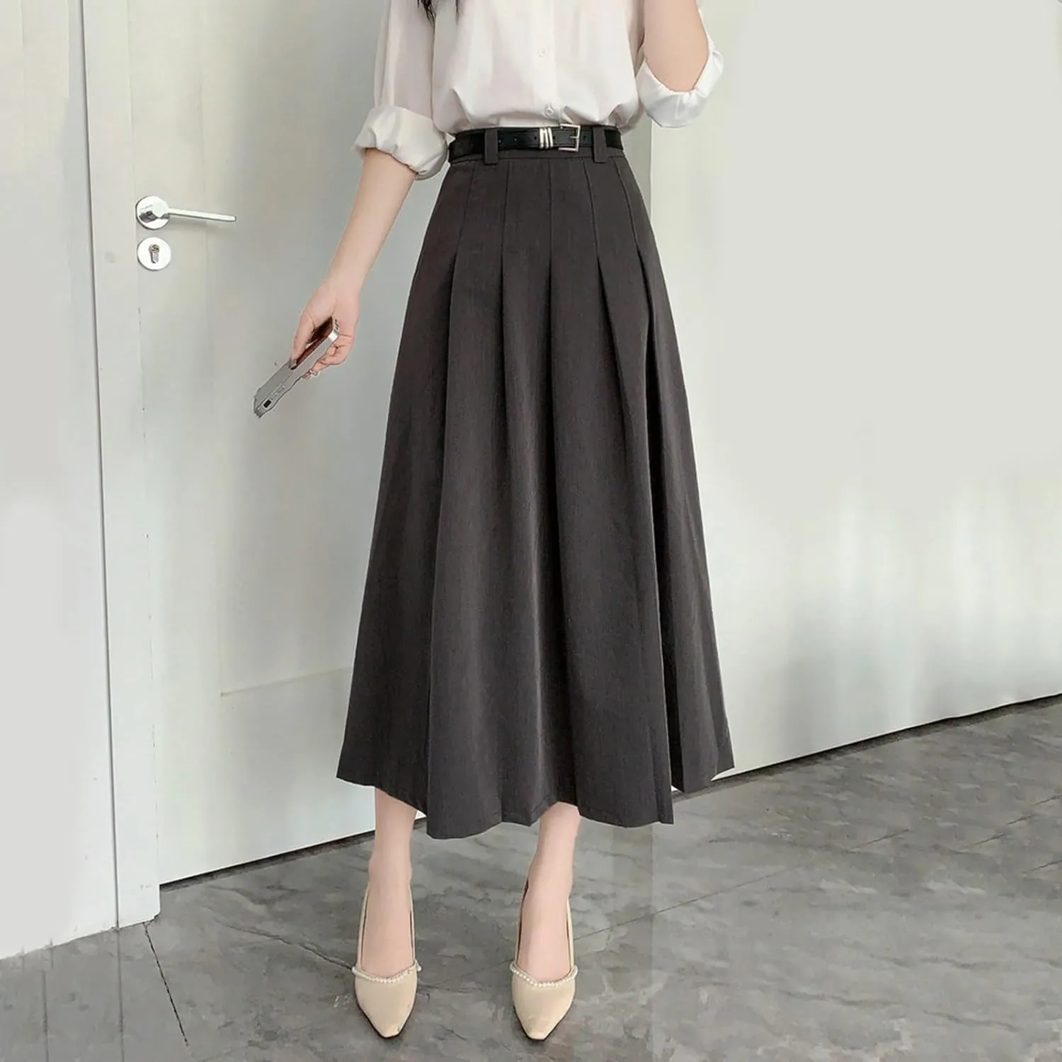 Midi Skirts for Women Women Fashion Casual Mid Length Suit Skirt A Line High Waisted Pleated Skirt Daily Costume