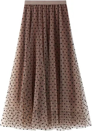 Midi Skirts for Women Women's Flocked Polka Dot Mesh Skirt A Line Mermaidtail Skirt Midi Skirt