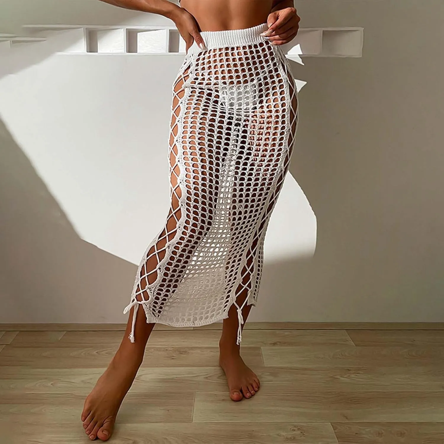 Midi Skirts for Women Women's Sexy Sheer Lace Up Side Tie Pure Color Knit Maxi Skirt Beach Vacation Half Skirt