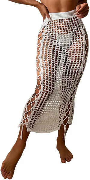 Midi Skirts for Women Women's Sexy Sheer Lace Up Side Tie Pure Color Knit Maxi Skirt Beach Vacation Half Skirt