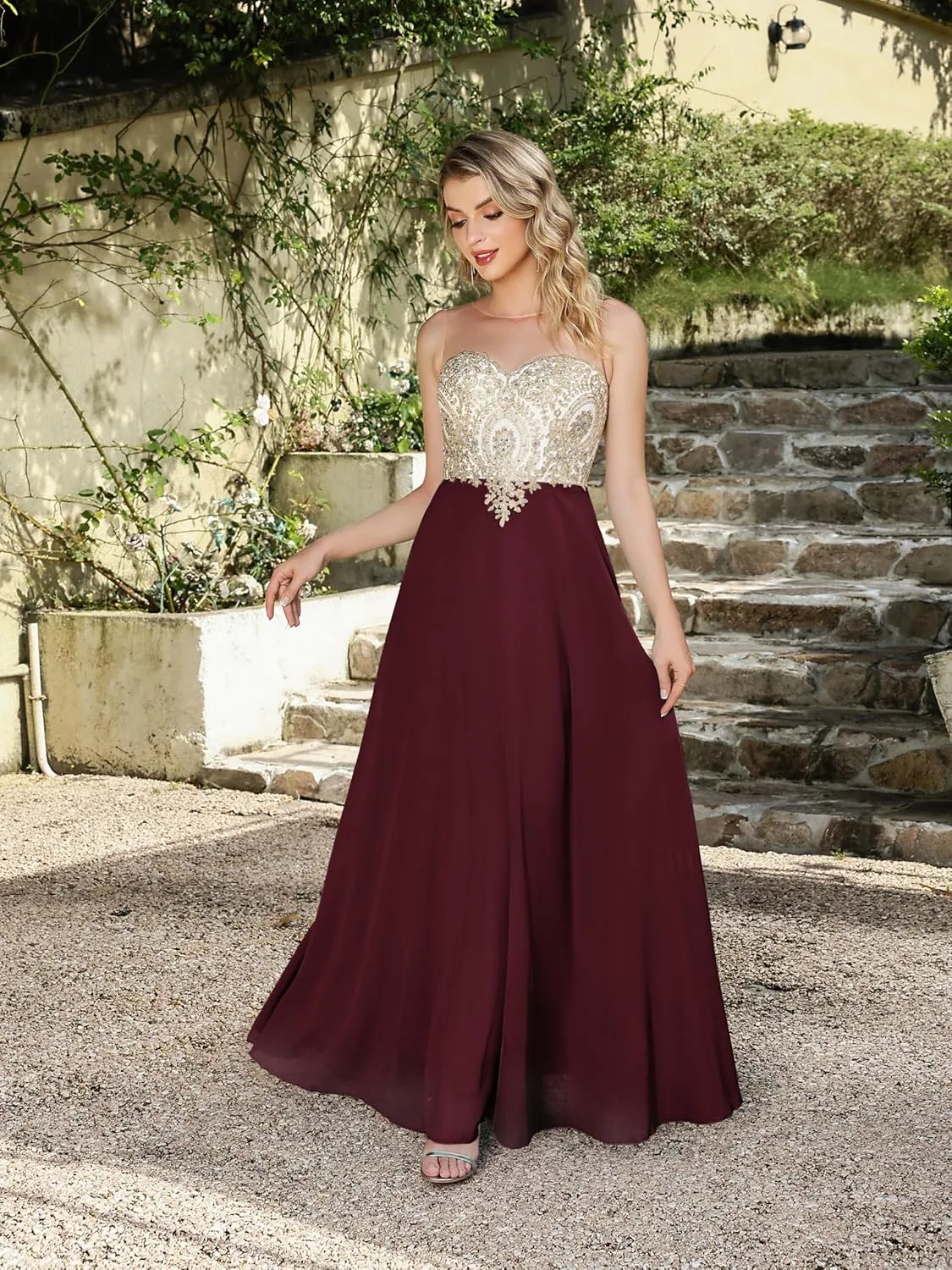 MisShow Women's Lace Applique Prom Dresses with Diamond Sheer Neck Long Chiffon Formal Evening Gowns