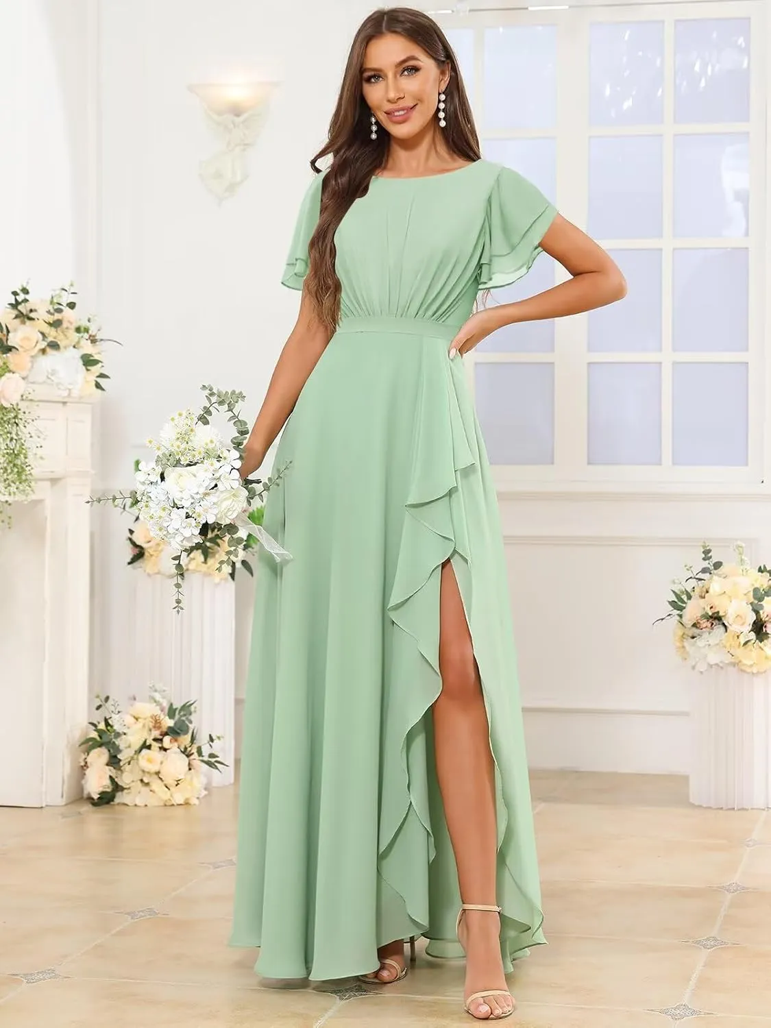 Modest Chiffon Bridesmaid Dresses with Sleeves Ruffle Slit Long A Line Formal Evening Dress for Women